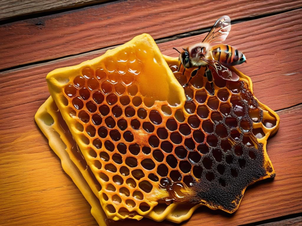  A closeup, photorealistic image of a golden honeycomb dripping with ambercolored honey, set against a rustic wooden background. The honey glistens under warm sunlight, showcasing its sticky texture in intricate detail. Bees can be seen buzzing around the honeycomb, adding a dynamic and authentic touch to the scene. hyperrealistic, full body, detailed clothing, highly detailed, cinematic lighting, stunningly beautiful, intricate, sharp focus, f/1. 8, 85mm, (centered image composition), (professionally color graded), ((bright soft diffused light)), volumetric fog, trending on instagram, trending on tumblr, HDR 4K, 8K