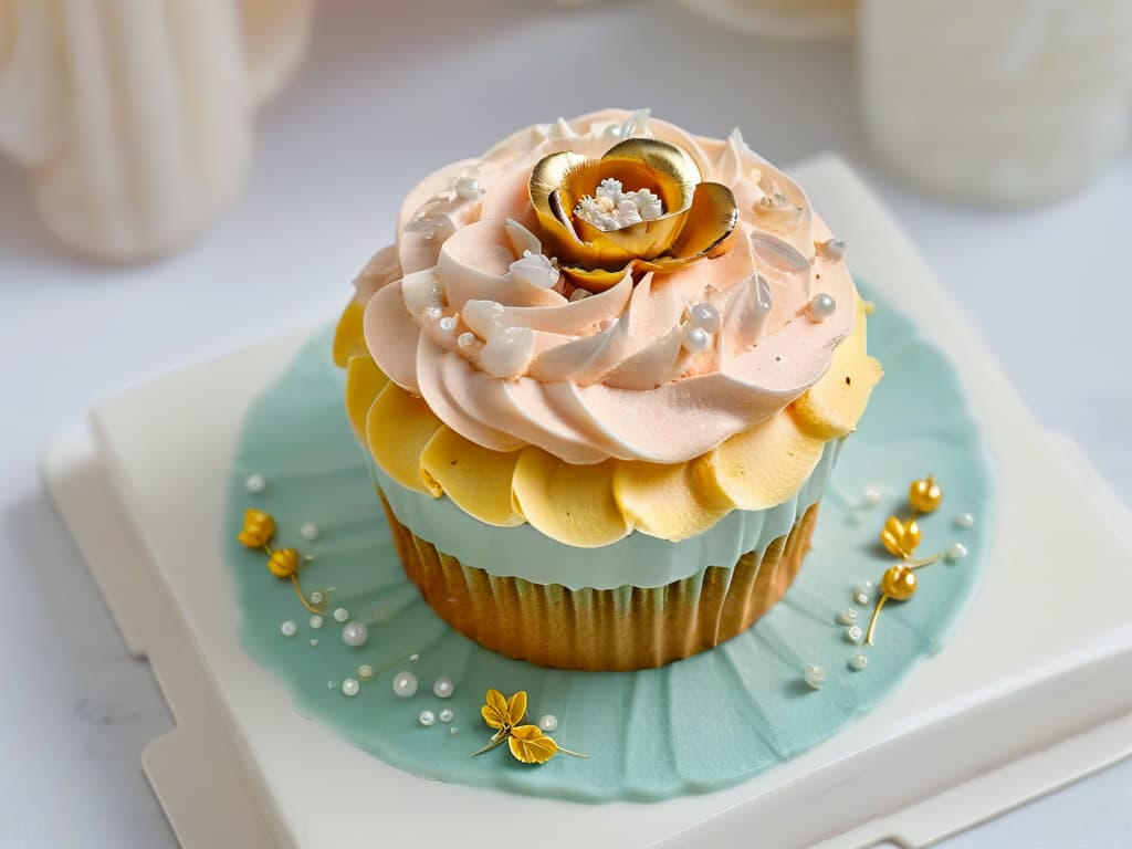  An intricately decorated miniature cupcake, topped with delicate swirls of pastelcolored frosting and edible gold leaf, placed on a sleek, marble serving platter. The cupcake is surrounded by tiny crystallized flowers and shimmering sugar pearls, all set against a softfocus background to emphasize the exquisite details of the dessert. hyperrealistic, full body, detailed clothing, highly detailed, cinematic lighting, stunningly beautiful, intricate, sharp focus, f/1. 8, 85mm, (centered image composition), (professionally color graded), ((bright soft diffused light)), volumetric fog, trending on instagram, trending on tumblr, HDR 4K, 8K