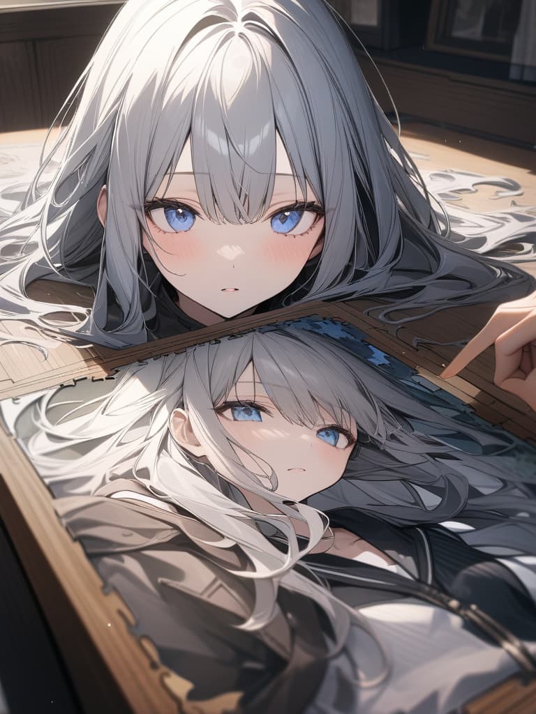  Jigsaw puzzle,jigsaw puzzle effect,face up,gray hair,blue eyes,wavy hair,long hair,beautiful girl,beautiful,glidge、(absurd detailed:1.4、best quality:1.4、masterpiece:1.4)、, masterpiece, best quality,8k,ultra detailed,high resolution,an extremely delicate and beautiful,hyper detail