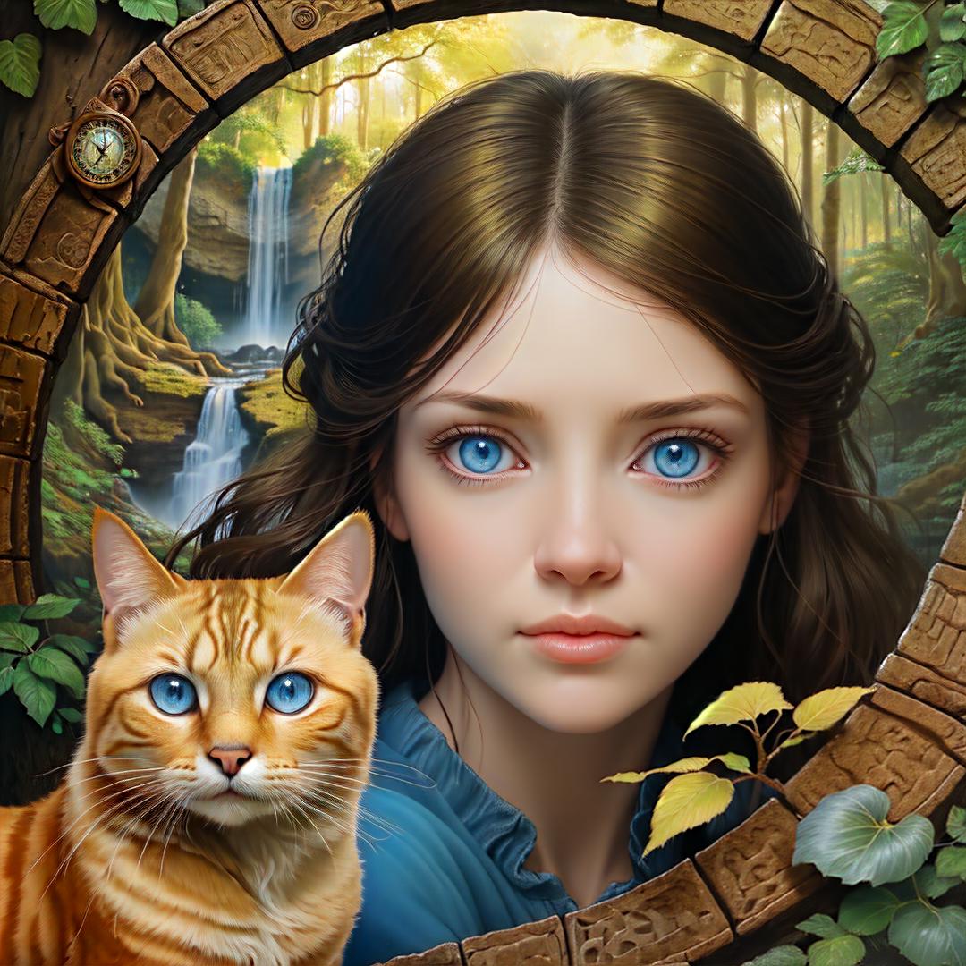  Close up portrait of a woman in love aged 45, blue eyes, with a cat, in a forest, timeless, sundial, scrapbook with analog, high quality, detailed, photo realism, style of esao andrews, perfect detailed eyes Ancient Trees. Roots. Waterfalls. Ancient Ruins And Trees Pools With Reflections. High Detail. Yellow-brick-road. , Highly defined, highly detailed, sharp focus, (centered image composition), 4K, 8K