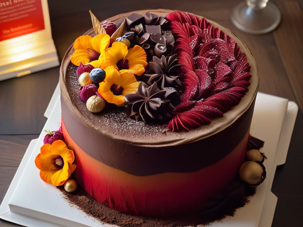  An intricately designed, minimalist image featuring a symphony of vibrant colors swirling together, seamlessly blending shades of rich chocolate brown, decadent red velvet, golden caramel, and creamy vanilla. The colors elegantly merge into one another, creating a visual representation of the harmonious dance of flavors in a sinestesiainspiring dessert. hyperrealistic, full body, detailed clothing, highly detailed, cinematic lighting, stunningly beautiful, intricate, sharp focus, f/1. 8, 85mm, (centered image composition), (professionally color graded), ((bright soft diffused light)), volumetric fog, trending on instagram, trending on tumblr, HDR 4K, 8K