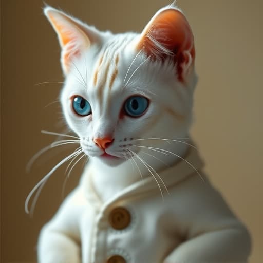  a white cat hyperrealistic, full body, detailed clothing, highly detailed, cinematic lighting, stunningly beautiful, intricate, sharp focus, f/1. 8, 85mm, (centered image composition), (professionally color graded), ((bright soft diffused light)), volumetric fog, trending on instagram, trending on tumblr, HDR 4K, 8K