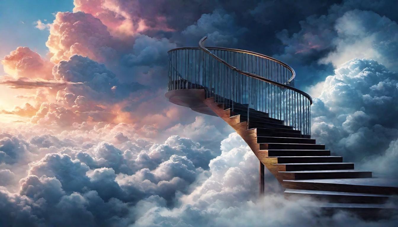  digital illustration, A spiral staircase winding up into the clouds, steps lit by an ethereal glow, spiritual ascension and connection, staircase elegant, clouds whispering secrets, ascent into mystery, connection, looking at viewer, dynamic pose, (intricate details, masterpiece, best quality)