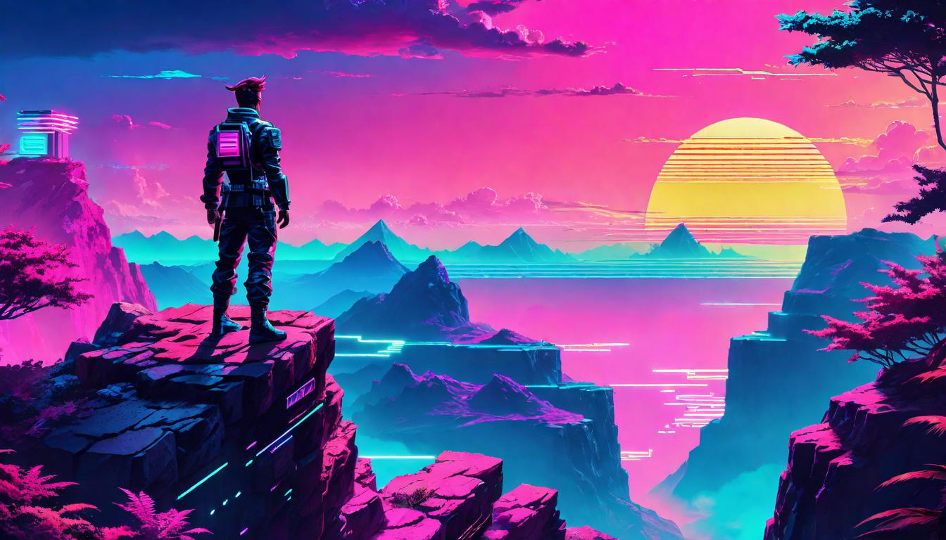  vaporwave,cyberpunk game style A figure poised on a cliff edge, surveyiing the landscape with calm determination, symbolizing composure and deliberate action in adversity.eon, dystopian, futuristic, digital, vibrant, detailed, high contrast, reminiscent of cyberpunk genre video games,retro aesthetic, cyberpunk, vibrant, neon colors, vintage 80s and 90s style, highly detailed