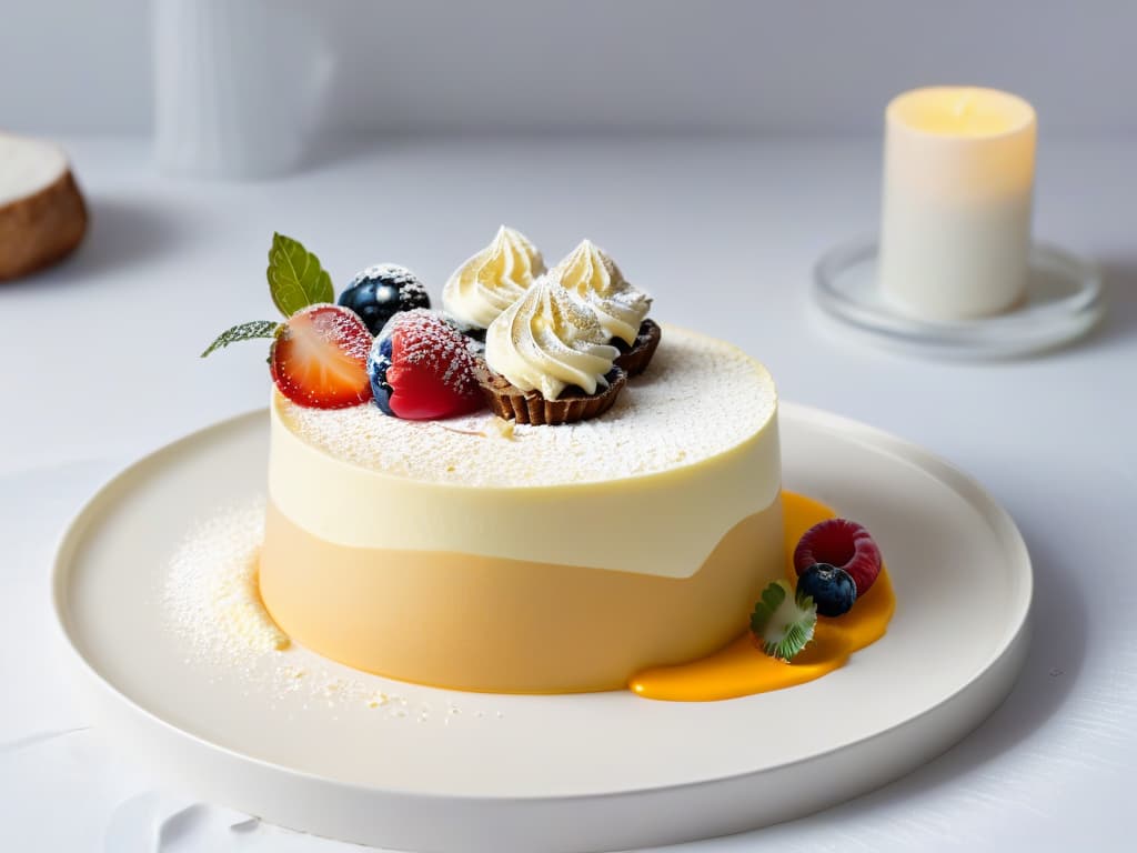  A photorealistic image of a sleek, elegant dessert plate featuring a modern minimalist dessert creation. The dessert is meticulously plated with artistic precision, showcasing a delicate balance of textures and colors. The plate is set against a clean, contemporary backdrop, emphasizing the simplicity and sophistication of the dessert. The lighting is soft and natural, enhancing the details of the dessert and creating a visually captivating scene that embodies modern minimalist culinary techniques. hyperrealistic, full body, detailed clothing, highly detailed, cinematic lighting, stunningly beautiful, intricate, sharp focus, f/1. 8, 85mm, (centered image composition), (professionally color graded), ((bright soft diffused light)), volumetric fog, trending on instagram, trending on tumblr, HDR 4K, 8K