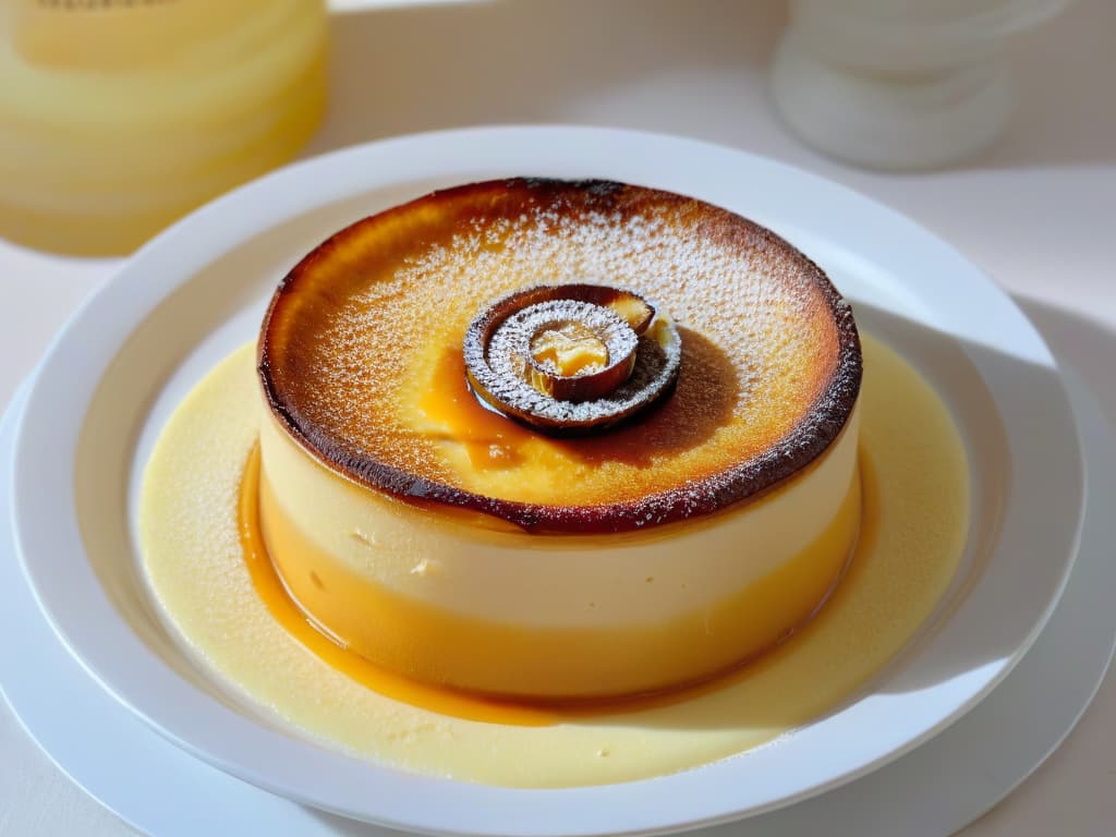  A closeup, ultradetailed image of a perfectly caramelized crème brûlée with a goldenbrown sugar crust, delicately torched to perfection. The surface of the dessert is adorned with a sprinkle of fine vanilla bean specks, capturing the play of light on the glossy caramelized sugar. The contrast between the smooth custard and the crunchy caramel topping is a visually striking representation of the artistry and skill involved in pastry creation. hyperrealistic, full body, detailed clothing, highly detailed, cinematic lighting, stunningly beautiful, intricate, sharp focus, f/1. 8, 85mm, (centered image composition), (professionally color graded), ((bright soft diffused light)), volumetric fog, trending on instagram, trending on tumblr, HDR 4K, 8K