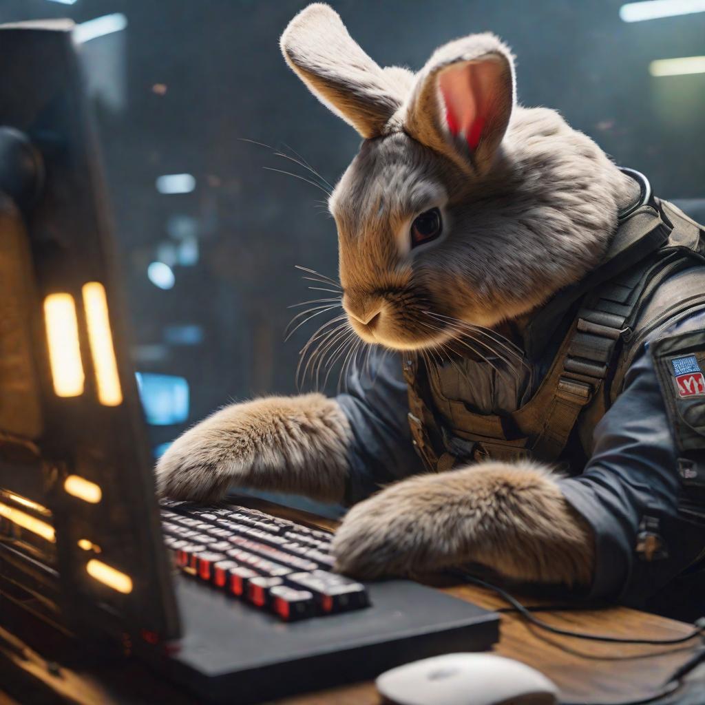  Bunny playing on PC, E sport logo, team name: Yeah Bunny hyperrealistic, full body, detailed clothing, highly detailed, cinematic lighting, stunningly beautiful, intricate, sharp focus, f/1. 8, 85mm, (centered image composition), (professionally color graded), ((bright soft diffused light)), volumetric fog, trending on instagram, trending on tumblr, HDR 4K, 8K