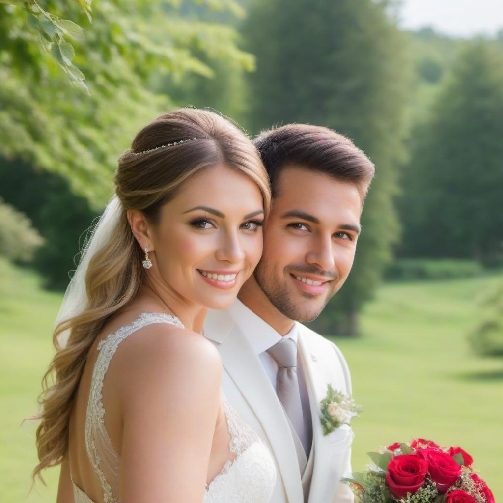  Wedding photography session, outdoor portrait of {the bride and [subject] as the groom,[subject] as the bride and the groom} in a beautiful natural surrounding, bride and groom are very happy, romantic photo taken by a professional wedding photographer with a Canon RS Mark II, romantic lighting mood on a sunny day