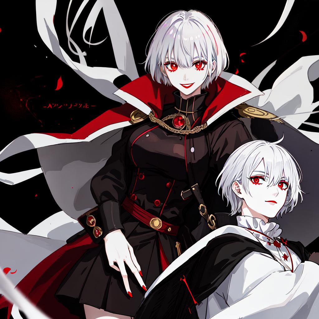  in an anime style, clown goth vampire skin female white messy pixie hair dark red lipstick wearing black military uniform doctor strange cape. evil smile glowing energy.