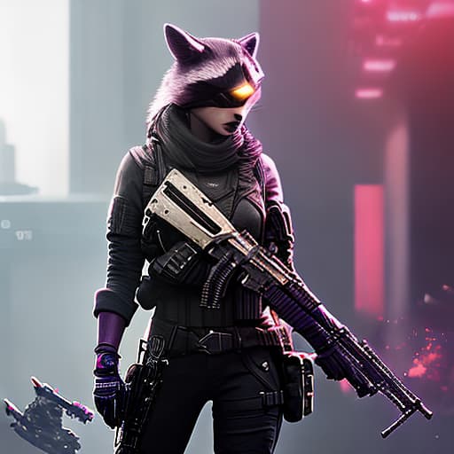 nvinkpunk female call of duty racoon operator hyperrealistic, full body, detailed clothing, highly detailed, cinematic lighting, stunningly beautiful, intricate, sharp focus, f/1. 8, 85mm, (centered image composition), (professionally color graded), ((bright soft diffused light)), volumetric fog, trending on instagram, trending on tumblr, HDR 4K, 8K