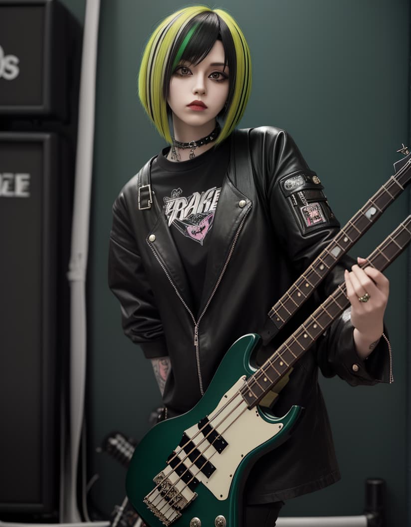  masterpiece, best quality, Female punk rock bassist black asymmetrical Bob with green highlights