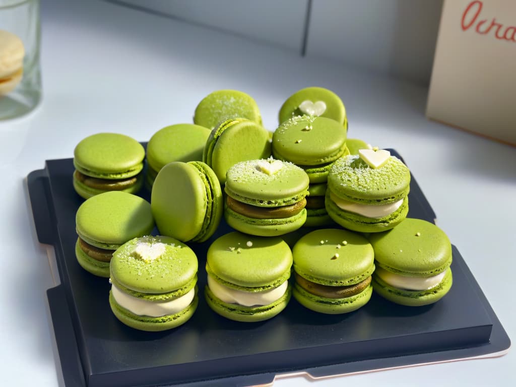  A closeup, ultradetailed image of a perfectly baked batch of vibrant green matcha macarons, delicately sandwiched together with a luscious and smooth white chocolate ganache filling. The macarons are arranged in a symmetrical pattern on a sleek, matte black ceramic plate, showcasing their glossy shells and delicate feet. Each macaron is dusted with a fine sprinkle of matcha powder, emphasizing the elegant simplicity and precise craftsmanship of these delectable treats. hyperrealistic, full body, detailed clothing, highly detailed, cinematic lighting, stunningly beautiful, intricate, sharp focus, f/1. 8, 85mm, (centered image composition), (professionally color graded), ((bright soft diffused light)), volumetric fog, trending on instagram, trending on tumblr, HDR 4K, 8K