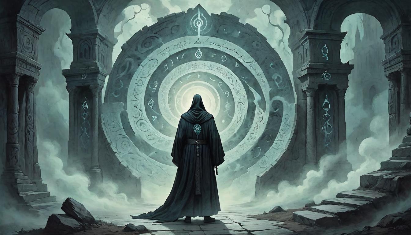  on parchment, surrealism+++, a lone figure, standing at a swirling, glowing portal, enshrouded in mist, dark robes, ancient runes etched in stone(mysterious, provocative, symbolic,muted color)+++