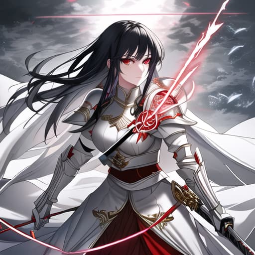  a girl manhua character with black hair and red eyes with white skin wearing knite dress and carrying a sword hyperrealistic, full body, detailed clothing, highly detailed, cinematic lighting, stunningly beautiful, intricate, sharp focus, f/1. 8, 85mm, (centered image composition), (professionally color graded), ((bright soft diffused light)), volumetric fog, trending on instagram, trending on tumblr, HDR 4K, 8K