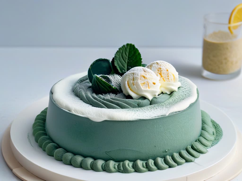  An ultradetailed closeup image of a vibrant green spirulina powder being delicately sprinkled over a swirl of creamy vanilla ice cream in a sleek, modern bowl. The spirulina dust creates a mesmerizing contrast against the soft white ice cream, with each tiny particle visible in exquisite detail, highlighting the rich color and fine texture of the superfood. The lighting is artfully soft, casting gentle shadows and enhancing the luxurious yet minimalistic aesthetic of the scene, making it a visually striking and appetizing composition. hyperrealistic, full body, detailed clothing, highly detailed, cinematic lighting, stunningly beautiful, intricate, sharp focus, f/1. 8, 85mm, (centered image composition), (professionally color graded), ((bright soft diffused light)), volumetric fog, trending on instagram, trending on tumblr, HDR 4K, 8K