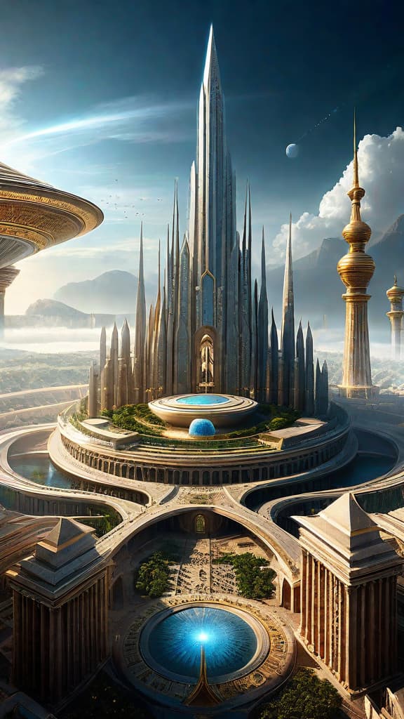  (An image prompt depicting a highly advanced ancient civilization, with grand, ornate architectural structures and buildings powered by atmospheric energy and frequency manipulation technology. The setting should be a bustling city or metropolis, with towering spires, domes, and other remarkable structures that defy conventional engineering. The overall aesthetic should convey a sense of technological sophistication and a time period far ahead of the present day. The image should capture the splendor and ingenuity of the Tartarian Empire, as described in the story, before its mysterious disappearance from history.) hyperrealistic, full body, detailed clothing, highly detailed, cinematic lighting, stunningly beautiful, intricate, sharp focus, f/1. 8, 85mm, (centered image composition), (professionally color graded), ((bright soft diffused light)), volumetric fog, trending on instagram, trending on tumblr, HDR 4K, 8K