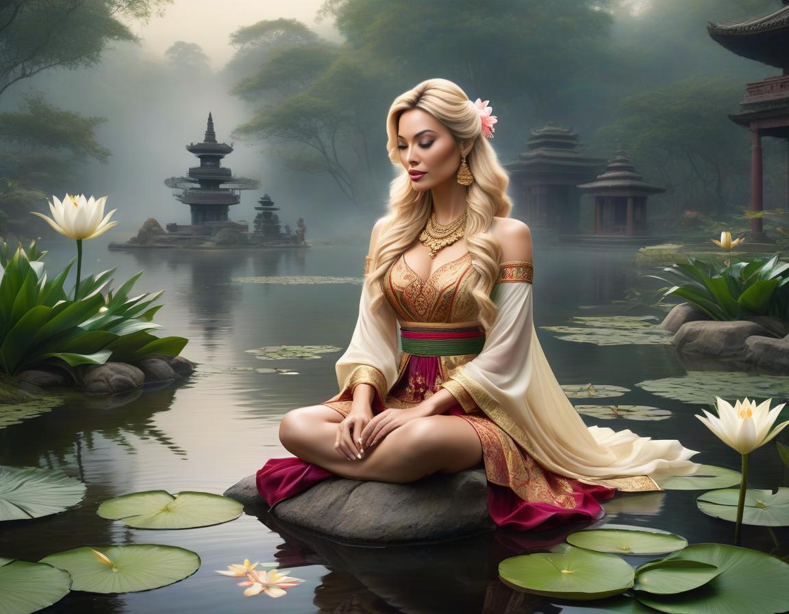  Pictorial art of a place where inventions and adventures are felt, very detailed and deep representation. A blonde woman with a beautiful back wearing ethnic clothing sits on a stone by a pond with a lily on her palm. A hazy mist is behind her. Use only three colors and their shades. hyperrealistic, full body, detailed clothing, highly detailed, cinematic lighting, stunningly beautiful, intricate, sharp focus, f/1. 8, 85mm, (centered image composition), (professionally color graded), ((bright soft diffused light)), volumetric fog, trending on instagram, trending on tumblr, HDR 4K, 8K