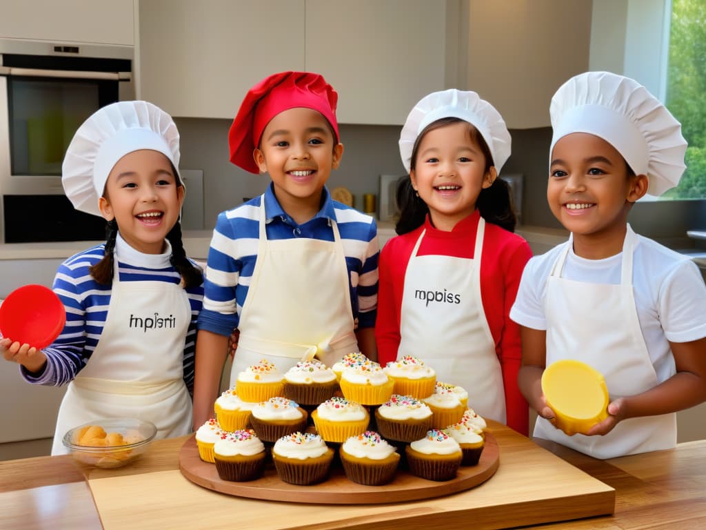  A highresolution, minimalist image of a group of children of diverse backgrounds and ages, dressed in colorful aprons and chef hats, enthusiastically decorating cupcakes together in a bright, spacious kitchen. The children are smiling, focused, and engaged in the creative process, surrounded by bowls of icing, sprinkles, and various toppings. Sunlight streams in through a large window, casting a soft, warm glow over the scene, emphasizing the joy and camaraderie of the young bakers. hyperrealistic, full body, detailed clothing, highly detailed, cinematic lighting, stunningly beautiful, intricate, sharp focus, f/1. 8, 85mm, (centered image composition), (professionally color graded), ((bright soft diffused light)), volumetric fog, trending on instagram, trending on tumblr, HDR 4K, 8K