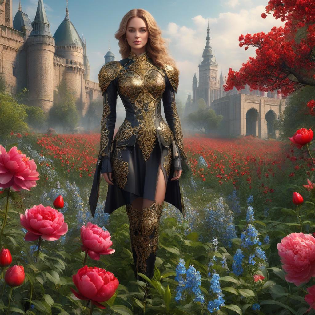  A girl in armor. Grown up face girl. A black sword with gold details. Fire. The rigor of the lines. Power. The sword gives off electric shocks. Highly detailed, highly detailed, highly detailed image and all details. ((Sparkling rim)): spring field, hyacinths, roses, rosehips, rose hips, peonies, cherry tree, yellow, red, black flowers, forget me nots. Nature in the background, spring, delight. Luxury, richness. High quality. Swarovski, pandora. The Emerald Palace, the towers. Holobue sky. Golden spires, Gothic style. Fantasy, fairy tale. Poppy field in front of palace. Emerald stones, Green Alley.Luxury, wealth. spring field, hyacinths, roses, rosehips, rose hips, peonies, cherry tree, yellow, red, black flowers, forget me nots. Honoré  hyperrealistic, full body, detailed clothing, highly detailed, cinematic lighting, stunningly beautiful, intricate, sharp focus, f/1. 8, 85mm, (centered image composition), (professionally color graded), ((bright soft diffused light)), volumetric fog, trending on instagram, trending on tumblr, HDR 4K, 8K