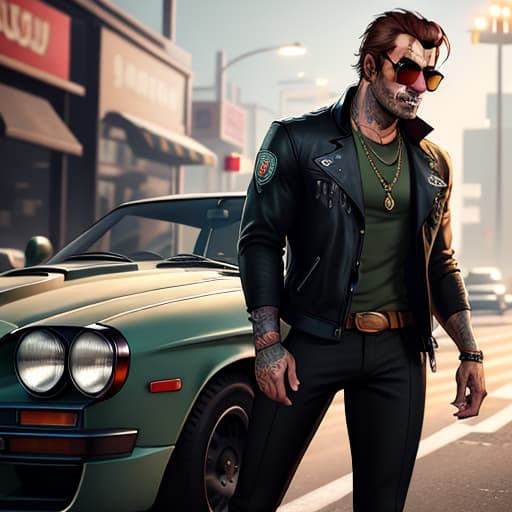  gtav style, (best quality), ((artwork gta5 heavily stylized)), poster design, detailed, highly detailed, sunglasses, masterpiece, highres hyperrealistic, full body, detailed clothing, highly detailed, cinematic lighting, stunningly beautiful, intricate, sharp focus, f/1. 8, 85mm, (centered image composition), (professionally color graded), ((bright soft diffused light)), volumetric fog, trending on instagram, trending on tumblr, HDR 4K, 8K