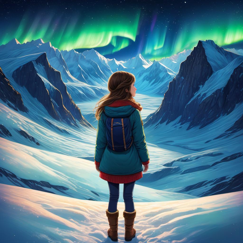  European girl, The view from behind, on the Northern Lights Over the Glacier, starry sky, clouds, vivid, highly detailed, Hayao Miyazaki style, hand-drawn, digital art, Midnight, whimsical, (enchanting atmosphere:1.1), warm lighting , depth of field, Wacom Cintiq, Adobe Photoshop, 300 DPI, (hdr:1.2), dark perple shadows