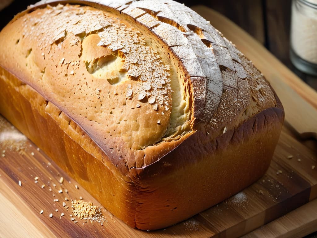  A closeup, ultradetailed image of a freshly baked loaf of sugarfree whole grain bread, sprinkled with a light dusting of flour, resting on a rustic wooden cutting board. The bread has a golden, crusty exterior with visible cracks and air pockets, emitting a warm, inviting aroma. The texture of the bread is visible, showcasing its wholesome ingredients like seeds and grains, creating a visually appealing and appetizing image for those seeking diabeticfriendly baking inspiration. hyperrealistic, full body, detailed clothing, highly detailed, cinematic lighting, stunningly beautiful, intricate, sharp focus, f/1. 8, 85mm, (centered image composition), (professionally color graded), ((bright soft diffused light)), volumetric fog, trending on instagram, trending on tumblr, HDR 4K, 8K