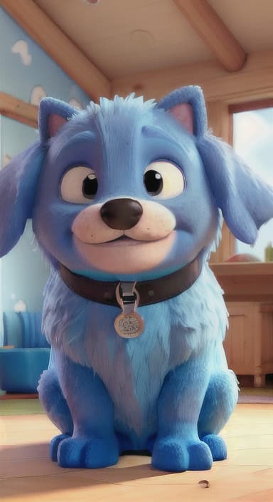  {Max snuggled up in his comfy dog bed inside the house, fast asleep, The big blue dog is large with sky blue fur, big round eyes, a black nose, and floppy ears.