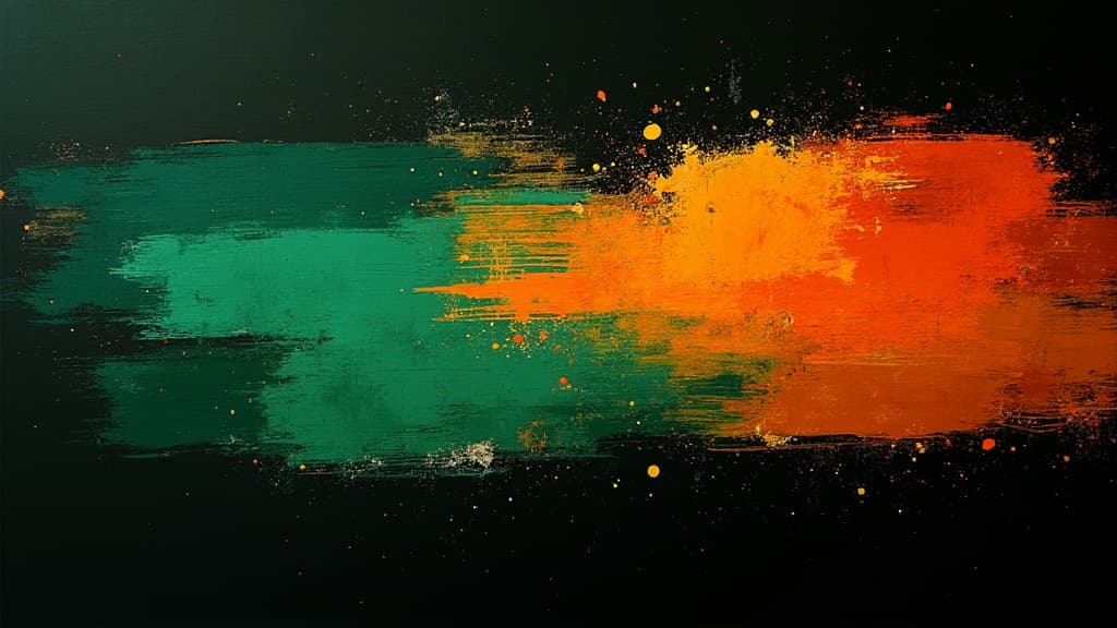  good quality, high quality, abstract grunge brushed strokes, green and orange over black