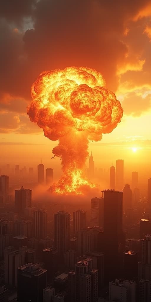  good quality, high quality, a dramatic scene showing a large explosion over an urban cityscape during sunset, capturing the power and intensity with fiery brilliance and vast destruction.