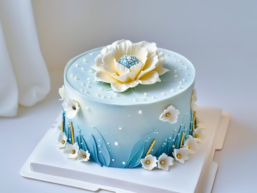  An ultradetailed closeup image of a perfectly frosted and decorated multitiered cake, showcasing intricate piping work, delicate sugar flowers, and shimmering edible pearls. The cake is elegantly displayed on a sleek, modern cake stand against a soft, blurred background, highlighting the meticulous craftsmanship and artistry involved in pastry creation. hyperrealistic, full body, detailed clothing, highly detailed, cinematic lighting, stunningly beautiful, intricate, sharp focus, f/1. 8, 85mm, (centered image composition), (professionally color graded), ((bright soft diffused light)), volumetric fog, trending on instagram, trending on tumblr, HDR 4K, 8K