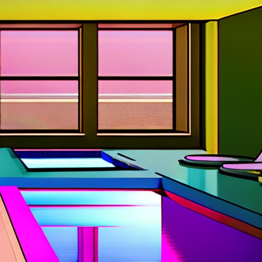  /A sunlit indoor lounge area with a pool with clear water and another pool with translucent pastel pink water, next to a big window, pop art.