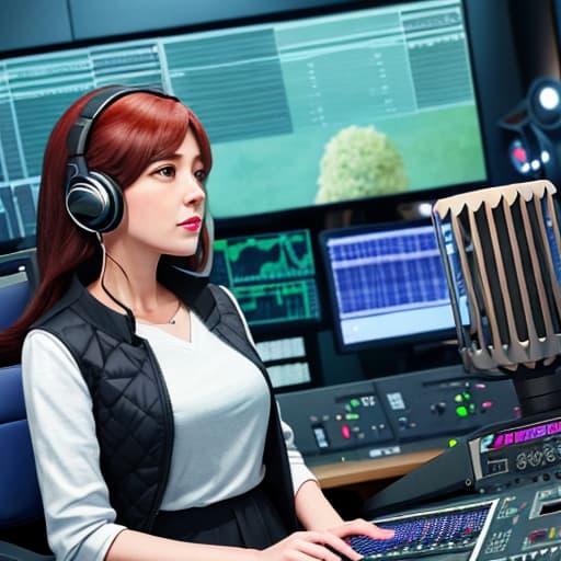  A female voice actor voices in the studio,