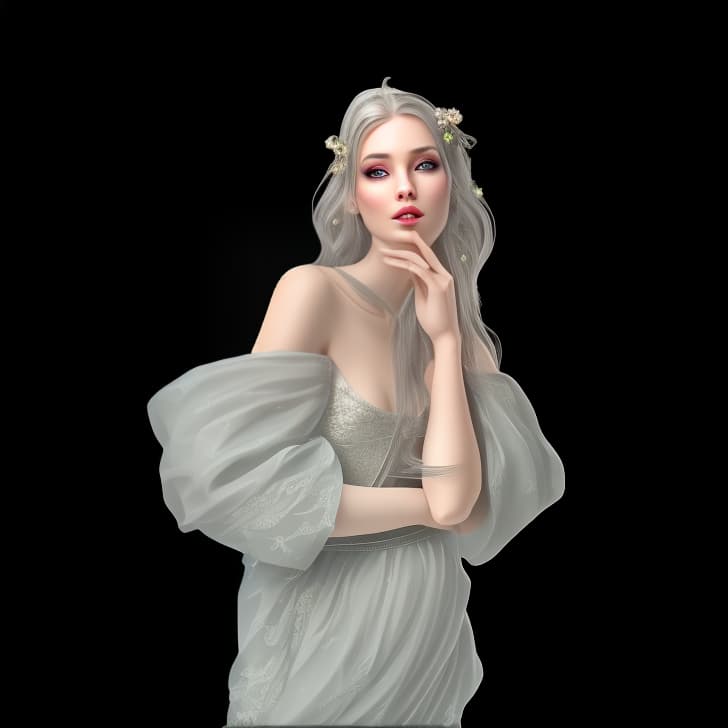 mdjrny-v4 style Create a Fantasy style avatar of a female Elf. The character should have long, flowing silver hair adorned with delicate flowers, aranged in a coc. Her eyes should be almond shaped and bright green. She should wear an elegant, fitted tunic with intricate leaf patterns and embroidery. Her ears should be pointed and prominent, long, sharp, visible from behind the hair, defining feature of Elves. She should have a graceful and slender build, with pale, smooth skin. The background should feature an enchanted forest with tall, ancient trees and dappled sunlight filtering through the leaves.