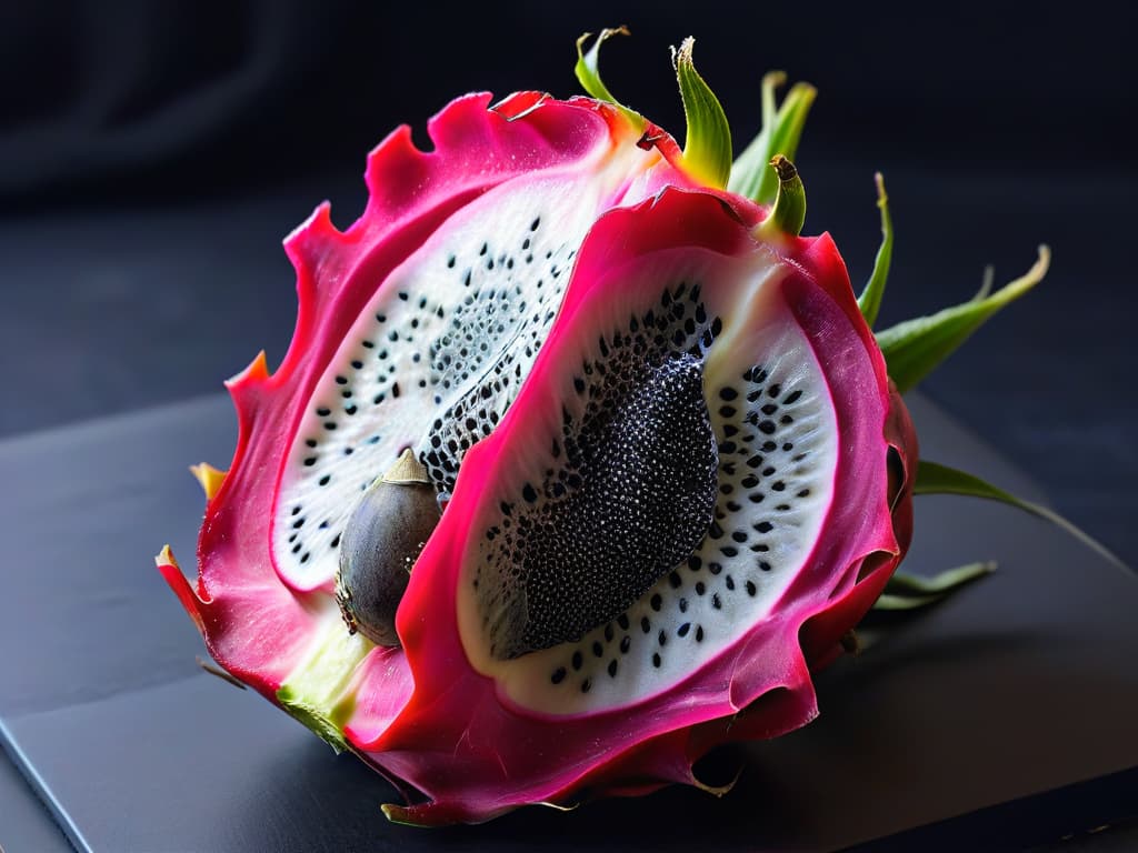  A closeup, ultradetailed image of a vibrant purple dragon fruit sliced in half, showcasing its unique white speckled flesh dotted with tiny black seeds, set against a sleek black background. The intricate patterns and textures of the dragon fruit create a visually striking and minimalistic composition, perfect for highlighting exotic ingredients in global pastry making. hyperrealistic, full body, detailed clothing, highly detailed, cinematic lighting, stunningly beautiful, intricate, sharp focus, f/1. 8, 85mm, (centered image composition), (professionally color graded), ((bright soft diffused light)), volumetric fog, trending on instagram, trending on tumblr, HDR 4K, 8K