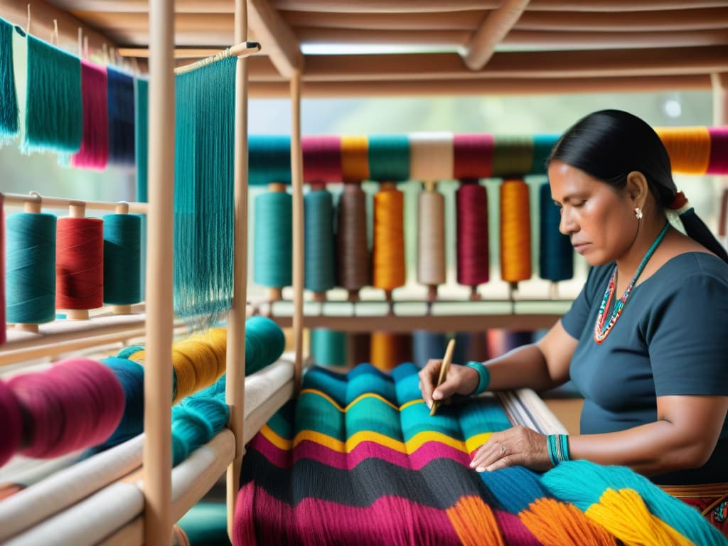  An ultradetailed, highresolution image showcasing a group of indigenous artisans from different tribes in the Americas, sitting together and weaving intricate traditional textiles using vibrant colored threads. The focus is on their skilled hands moving swiftly across the looms, creating beautiful patterns that hold deep cultural significance. The background shows shelves filled with colorful yarns, traditional tools like spindles and shuttles, and finished textiles hanging to dry, all contributing to a rich tapestry of indigenous textile artistry. hyperrealistic, full body, detailed clothing, highly detailed, cinematic lighting, stunningly beautiful, intricate, sharp focus, f/1. 8, 85mm, (centered image composition), (professionally color graded), ((bright soft diffused light)), volumetric fog, trending on instagram, trending on tumblr, HDR 4K, 8K