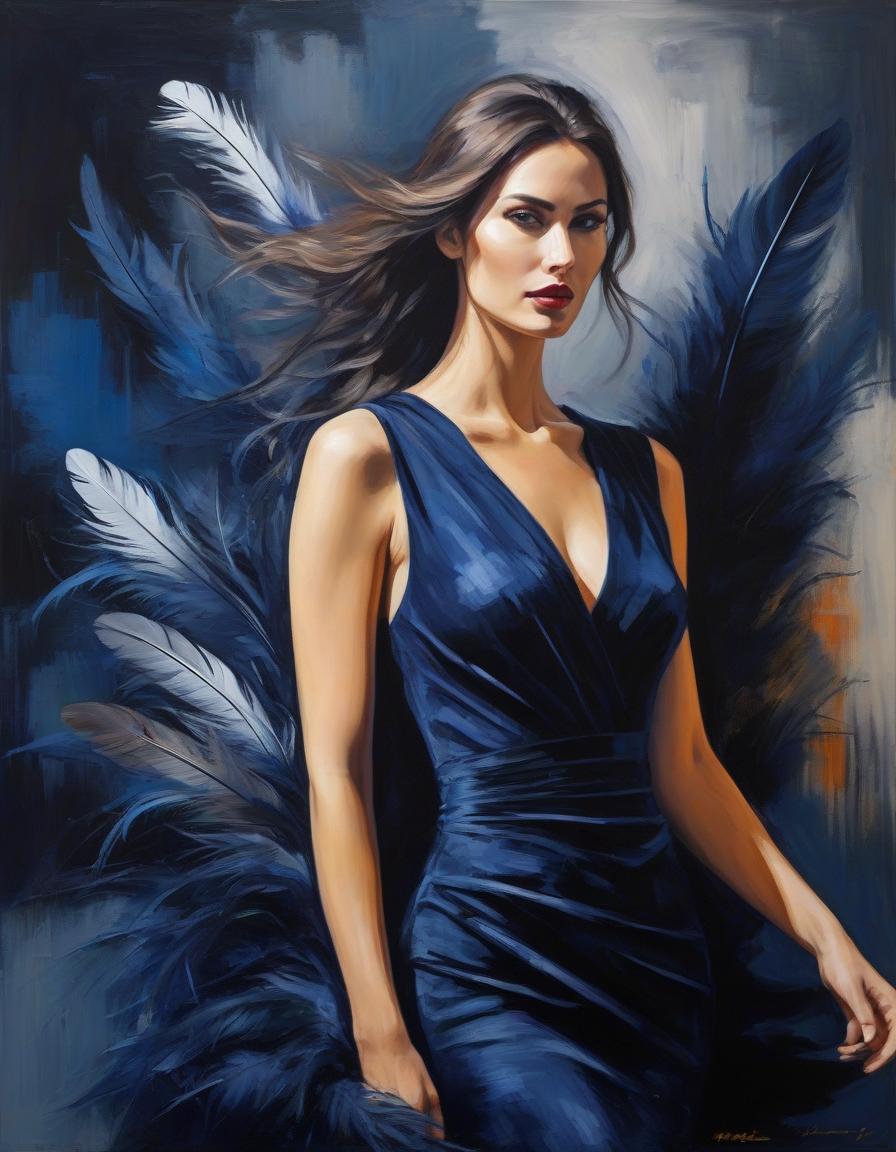  abstract expressionist painting Portrait of a beautiful girl in a dark blue velvet Lorrain dress, on beautiful hair adorned with soft feathers of dark blue colour . energetic brushwork, bold colors, abstract forms, expressive, emotional hyperrealistic, full body, detailed clothing, highly detailed, cinematic lighting, stunningly beautiful, intricate, sharp focus, f/1. 8, 85mm, (centered image composition), (professionally color graded), ((bright soft diffused light)), volumetric fog, trending on instagram, trending on tumblr, HDR 4K, 8K