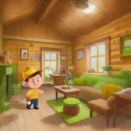  a boy with yellow hat and brown shirt and green pants, a bear standing, in the cabin