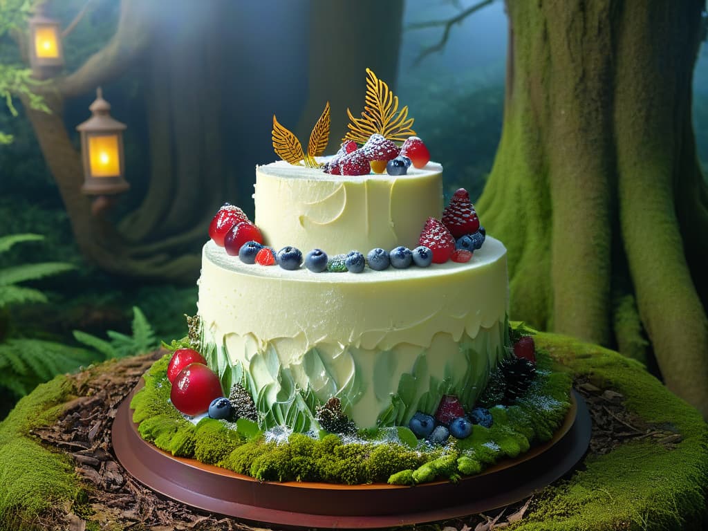  A photorealistic image of a majestic, enchanted forest with towering trees covered in sparkling frost, a magical cheesecake sitting on a mosscovered stone pedestal in the center, surrounded by mythical creatures like unicorns, fauns, and talking animals from "The Chronicles of Narnia." The scene is illuminated by a warm, golden light peeking through the canopy of leaves, creating a mystical and whimsical atmosphere that transports the viewer into a fairy tale world. hyperrealistic, full body, detailed clothing, highly detailed, cinematic lighting, stunningly beautiful, intricate, sharp focus, f/1. 8, 85mm, (centered image composition), (professionally color graded), ((bright soft diffused light)), volumetric fog, trending on instagram, trending on tumblr, HDR 4K, 8K