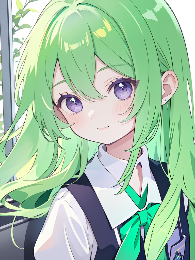  1girl,18yo,green hair,long hair,purple eyes,school uniform,light smile,realistic, masterpiece, best quality,8k,ultra detailed,high resolution,an extremely delicate and beautiful,hyper detail