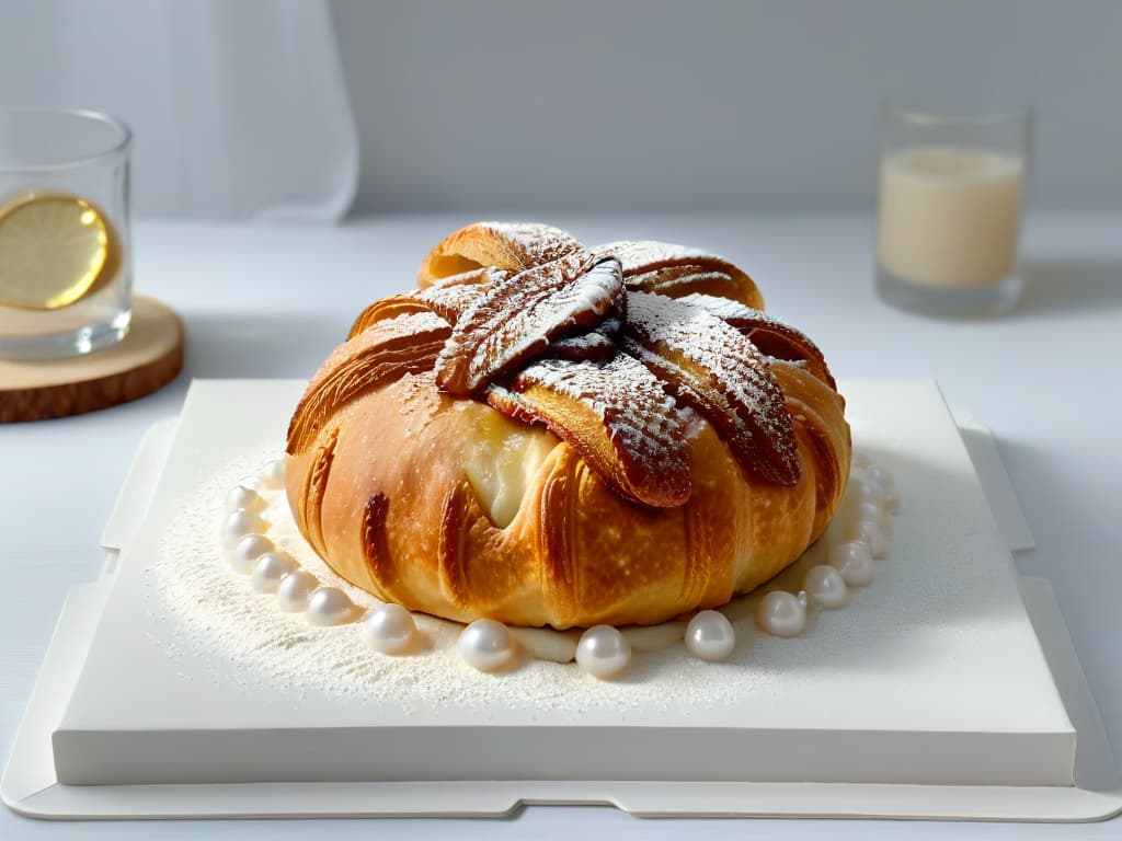  A closeup, ultradetailed image of delicate white sugar pearls elegantly sprinkled on top of a freshly baked and goldenbrown croissant, highlighting the glistening texture and adding a touch of sophisticated sweetness to the pastry. hyperrealistic, full body, detailed clothing, highly detailed, cinematic lighting, stunningly beautiful, intricate, sharp focus, f/1. 8, 85mm, (centered image composition), (professionally color graded), ((bright soft diffused light)), volumetric fog, trending on instagram, trending on tumblr, HDR 4K, 8K