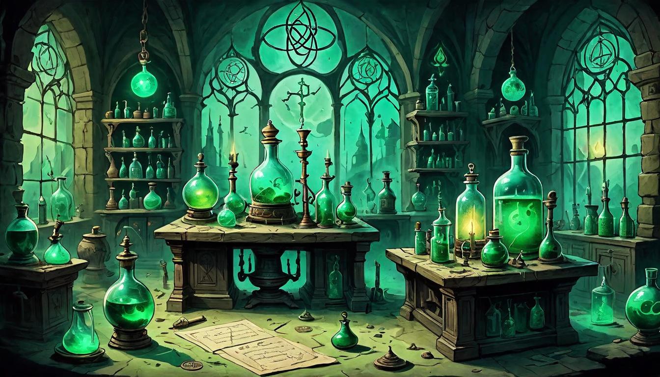  on parchment, surrealism+++, Ancient alchemical laboratory, bubbling potions, scrolls and mystical symbols strewn about, eerie greenish glow, intense and transformative energy(mysterious, provocative, symbolic,muted color)+++