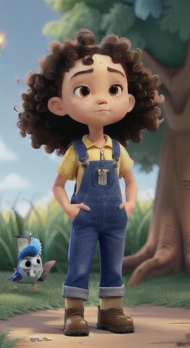  {Riley standing under the tree with eyes closed, making the wish., Riley, a curious with big brown eyes and curly hair, wearing overalls and carrying a small backpack. Their friend, Skye, a bluebird with shiny feathers.