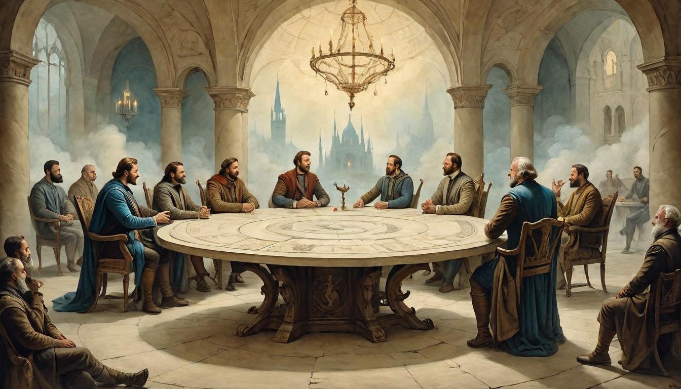  on parchment, surrealism+++, A round table aglow with soft light, surrounded by figures in earnest conversation, a space of openness and unity, collaboration, transparency, trust(mysterious, provocative, symbolic,muted color)+++