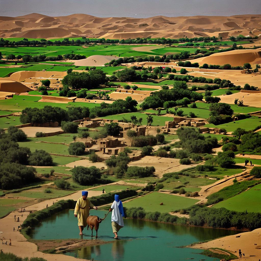  masterpiece, best quality, An Egyptian rural man wearing a turban and carrying a goat walks in the marshes behind him are old houses from the Egyptian countryside.