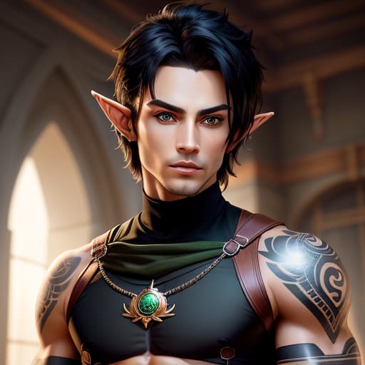  half-elf, male, ranger, short black hair, green eyes, tattoos, toned build, hyperrealistic, high quality, highly detailed, perfect lighting, intricate, sharp focus, f/1. 8, 85mm, (centered image composition), (professionally color graded), ((bright soft diffused light)), trending on instagram, HDR 4K, 8K