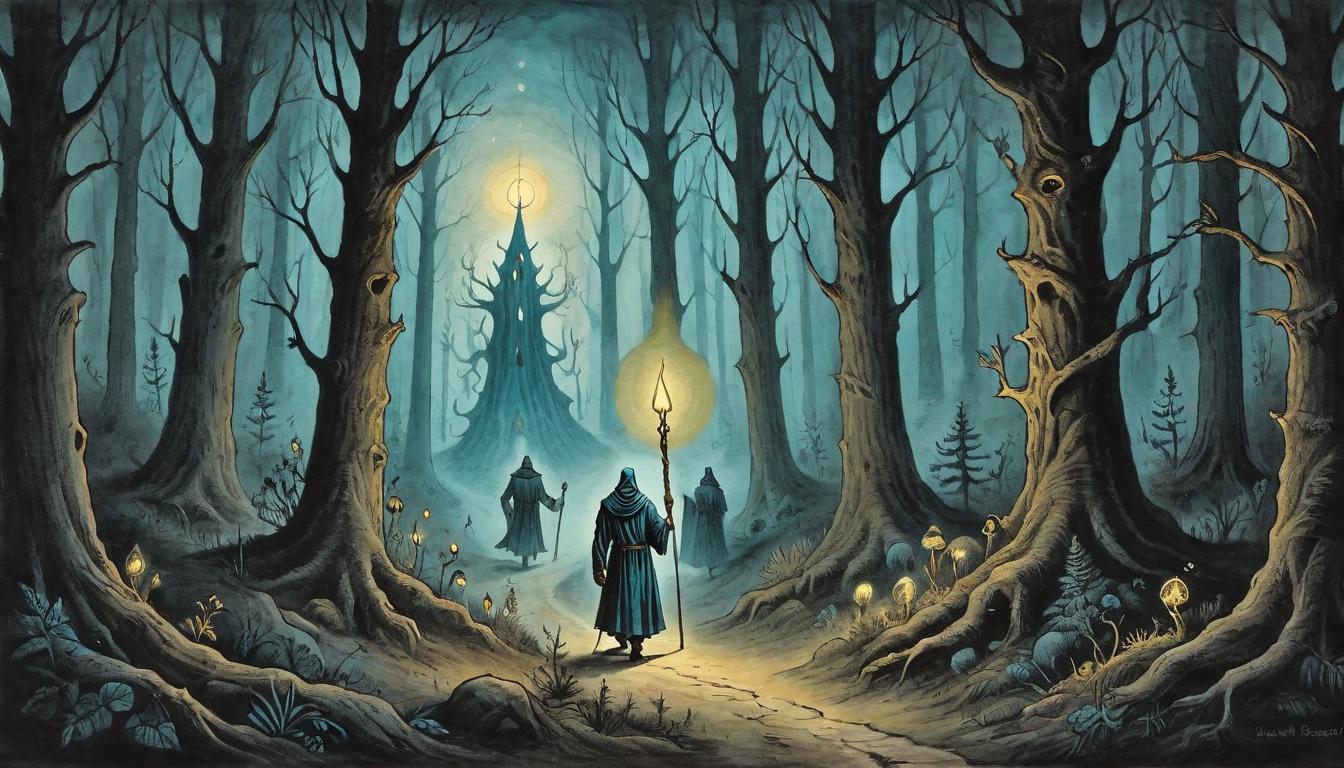  on parchment, surrealism+++, Figure leading a small group through a dark forest, holding a glowing staff, mystical light guiding the way, wise, protective, illuminated(mysterious, provocative, symbolic,muted color)+++