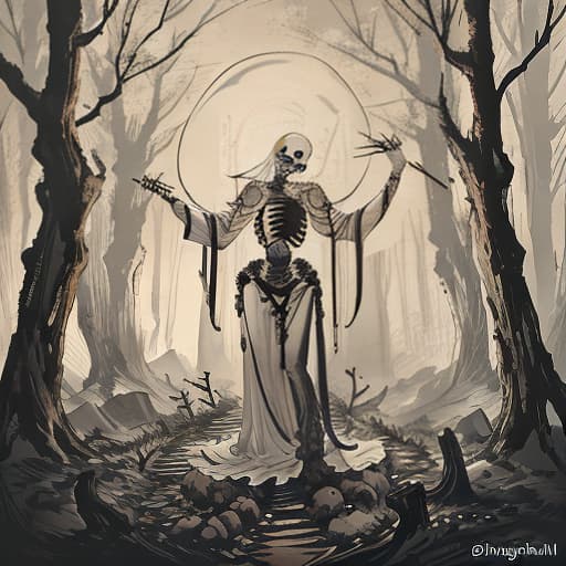  A giant scary skeleton on a forest hyperrealistic, full body, detailed clothing, highly detailed, cinematic lighting, stunningly beautiful, intricate, sharp focus, f/1. 8, 85mm, (centered image composition), (professionally color graded), ((bright soft diffused light)), volumetric fog, trending on instagram, trending on tumblr, HDR 4K, 8K