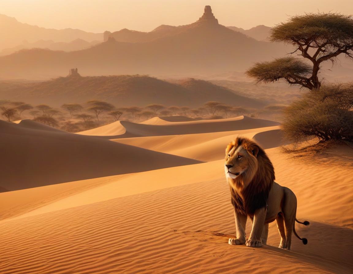  The Lion King on a hill, dunes of sand, desert, orange brown tones, intense sun, distant mirage, haze hyperrealistic, full body, detailed clothing, highly detailed, cinematic lighting, stunningly beautiful, intricate, sharp focus, f/1. 8, 85mm, (centered image composition), (professionally color graded), ((bright soft diffused light)), volumetric fog, trending on instagram, trending on tumblr, HDR 4K, 8K