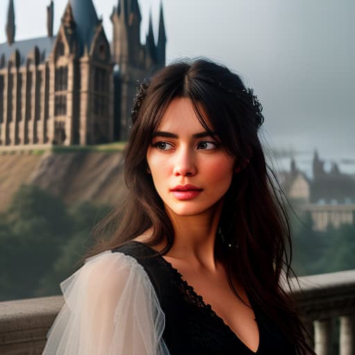   with messy hair, in a black dress, with a thoughtful look, against the backdrop of Hogwarts. hyperrealistic, full body, detailed clothing, highly detailed, cinematic lighting, stunningly beautiful, intricate, sharp focus, f/1. 8, 85mm, (centered image composition), (professionally color graded), ((bright soft diffused light)), volumetric fog, trending on instagram, trending on tumblr, HDR 4K, 8K