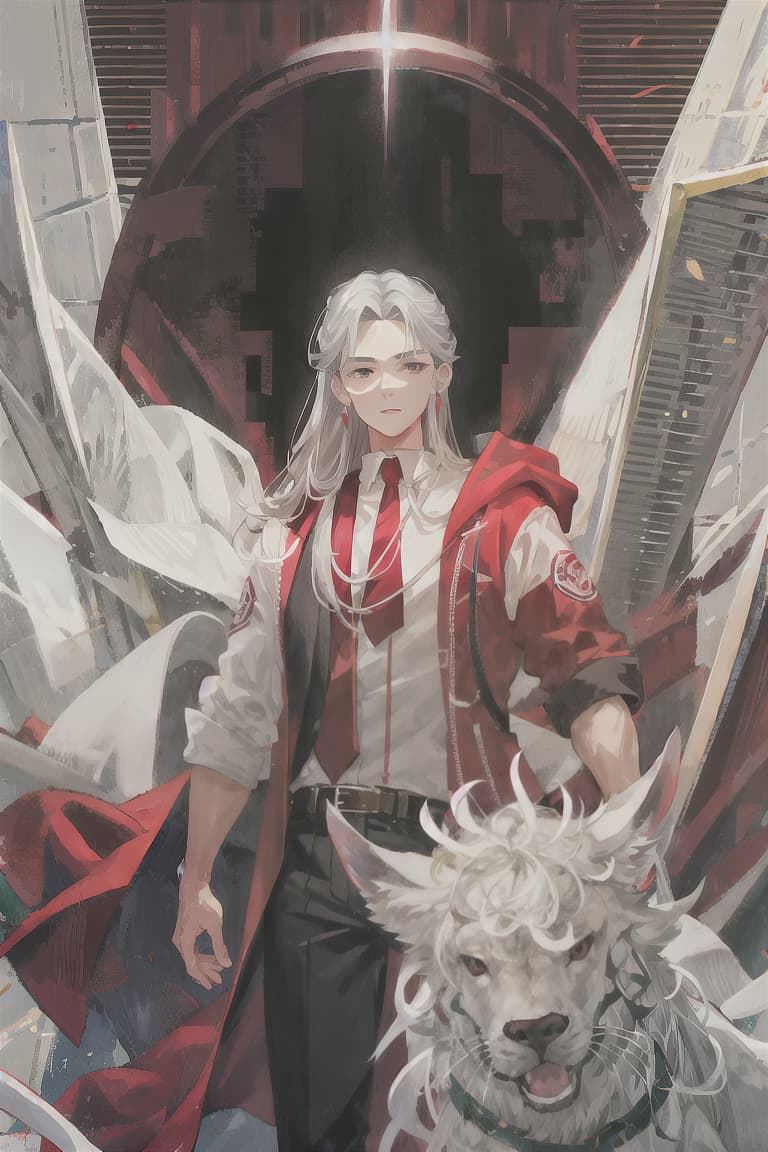  master piece , best quality,Gray hair, straight hair, dark eyes, male, muscular body, groom, long white and red coat, stars